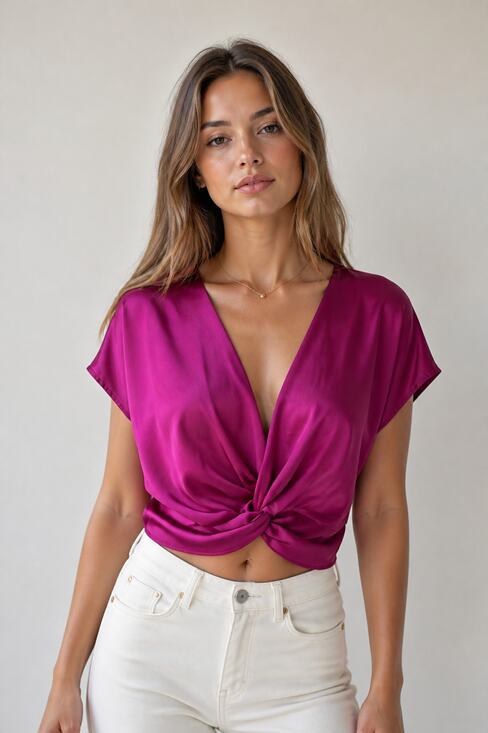 Zara Tops - ZARA Magenta Satin Twist Front Crop Top S